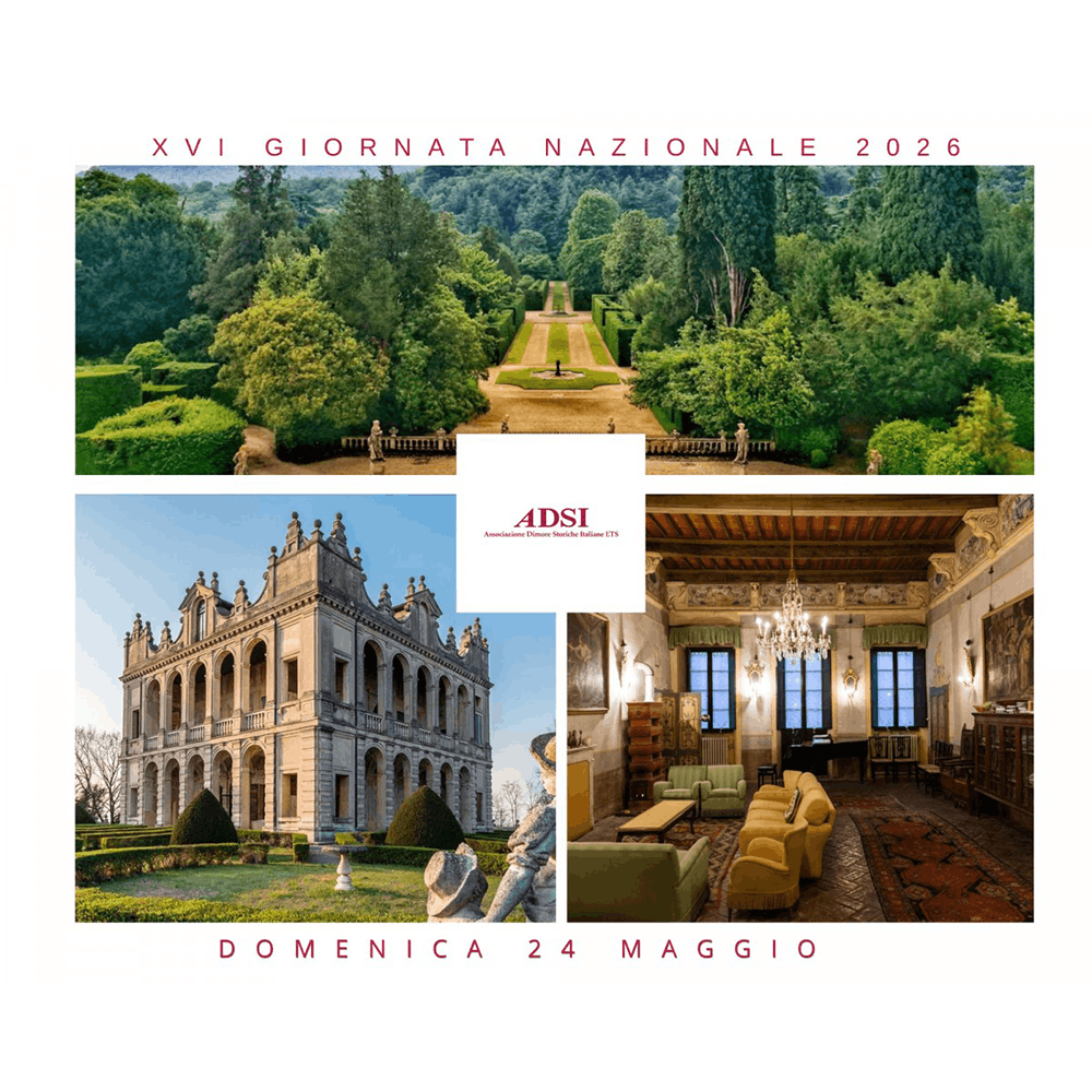 Poster collage for ADSI XVI Giornata Nazionale 2026: garden, villa, and opulent room with ADSI logo; date Domenica 24 Maggio.